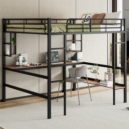 Hochbett, 140x200cm Bettgestell Metallbett, Eisenbett mit Schreibtisch, Ohne Matratze, Hochbett mit vier kleinen Regalen und einem großen Bücherregal für Kinder, Jugendliche und Erwachsene, Weiß