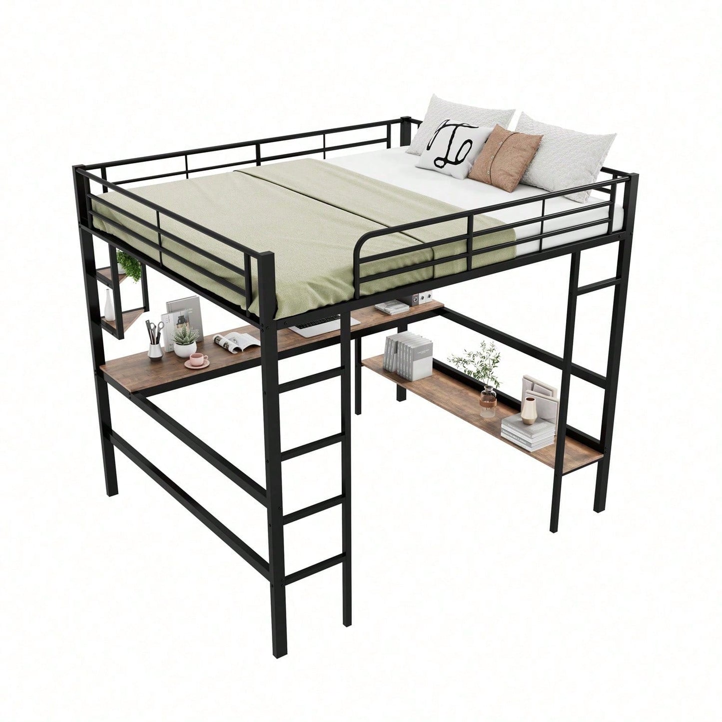 Hochbett, 140x200cm Bettgestell Metallbett, Eisenbett mit Schreibtisch, Ohne Matratze, Hochbett mit vier kleinen Regalen und einem großen Bücherregal für Kinder, Jugendliche und Erwachsene, Weiß