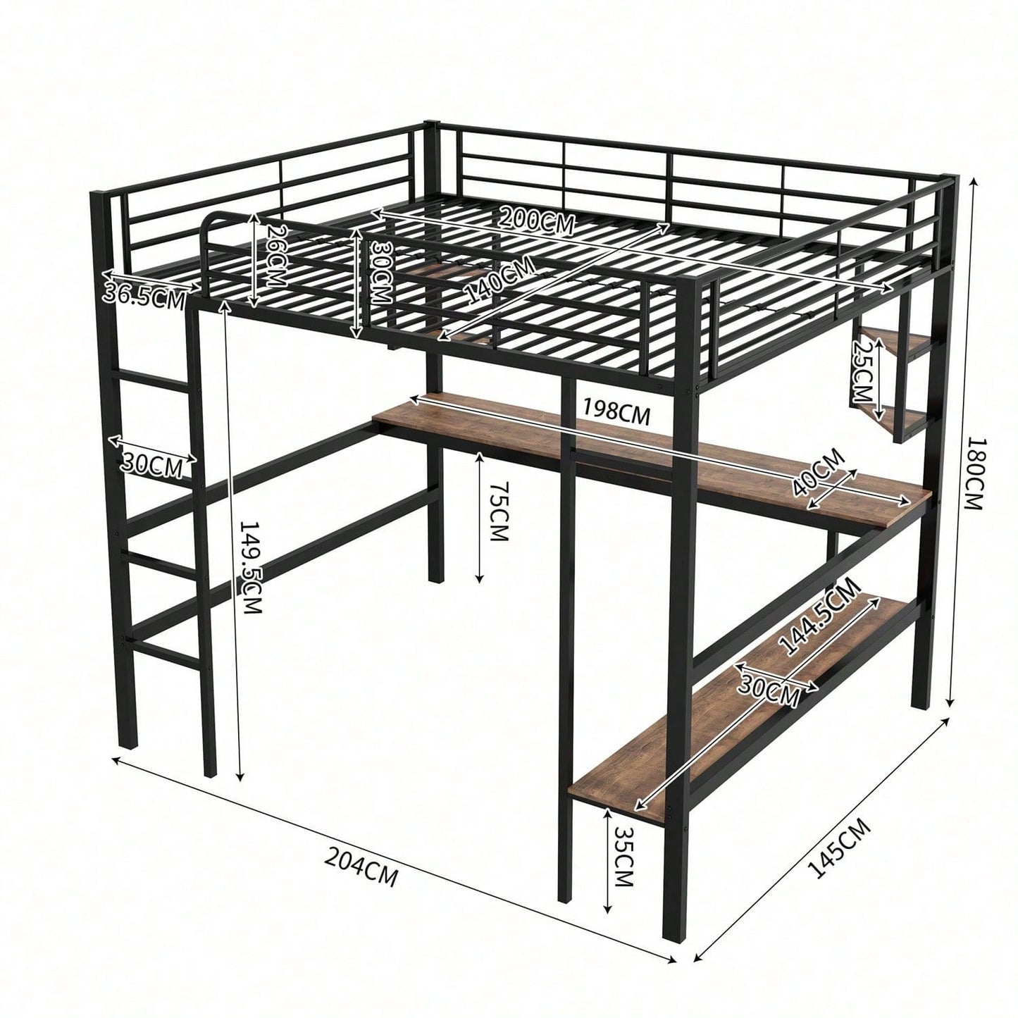 Hochbett, 140x200cm Bettgestell Metallbett, Eisenbett mit Schreibtisch, Ohne Matratze, Hochbett mit vier kleinen Regalen und einem großen Bücherregal für Kinder, Jugendliche und Erwachsene, Weiß