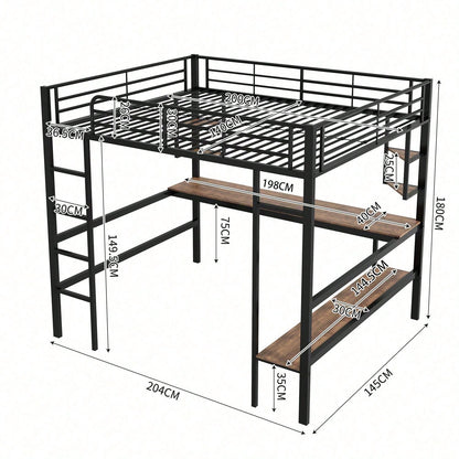 Hochbett, 140x200cm Bettgestell Metallbett, Eisenbett mit Schreibtisch, Ohne Matratze, Hochbett mit vier kleinen Regalen und einem großen Bücherregal für Kinder, Jugendliche und Erwachsene, Weiß
