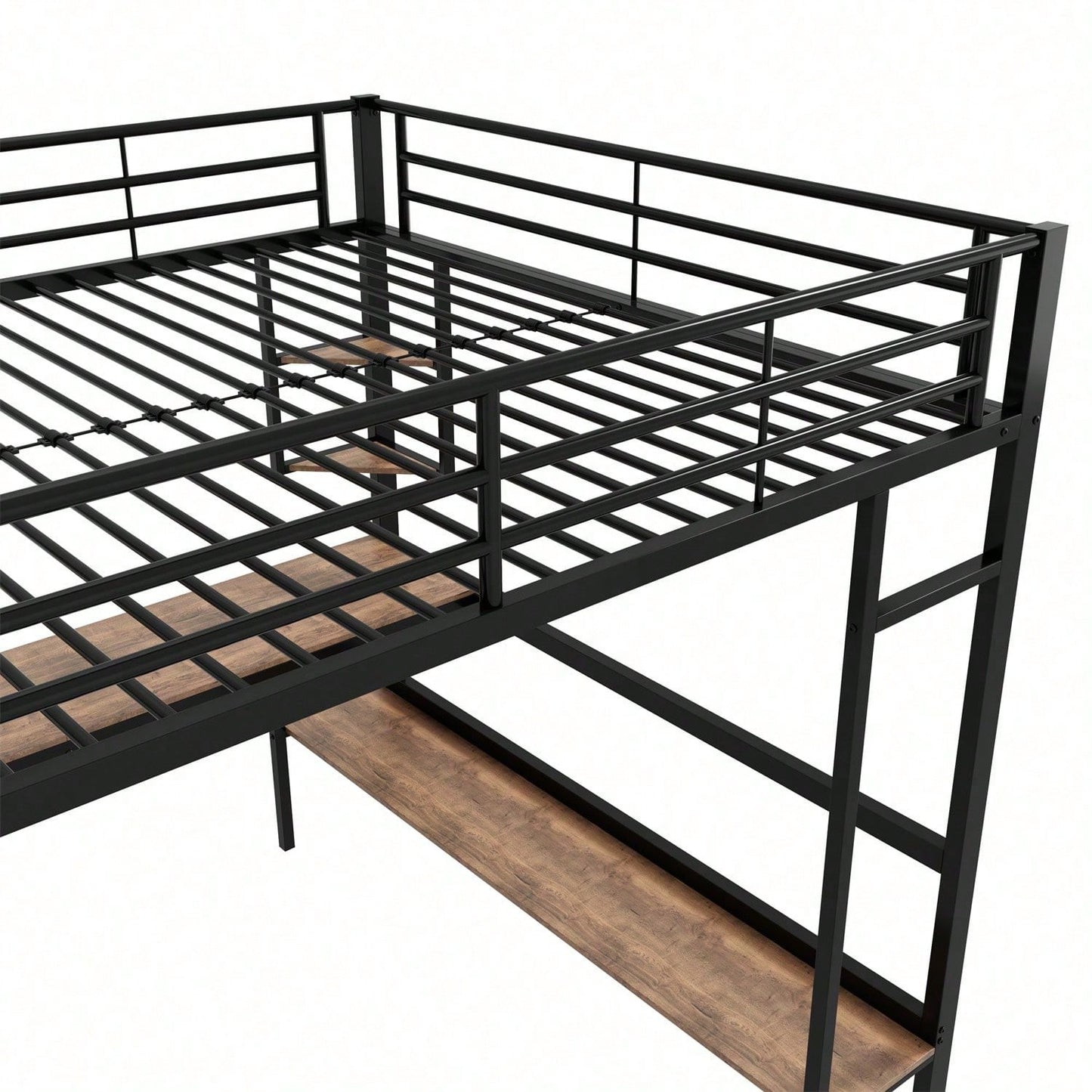 Hochbett, 140x200cm Bettgestell Metallbett, Eisenbett mit Schreibtisch, Ohne Matratze, Hochbett mit vier kleinen Regalen und einem großen Bücherregal für Kinder, Jugendliche und Erwachsene, Weiß