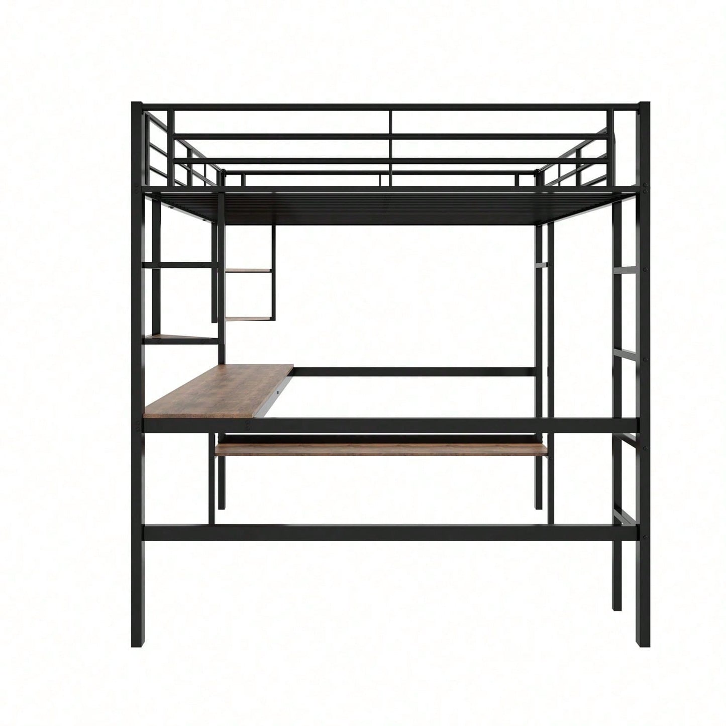 Hochbett, 140x200cm Bettgestell Metallbett, Eisenbett mit Schreibtisch, Ohne Matratze, Hochbett mit vier kleinen Regalen und einem großen Bücherregal für Kinder, Jugendliche und Erwachsene, Weiß