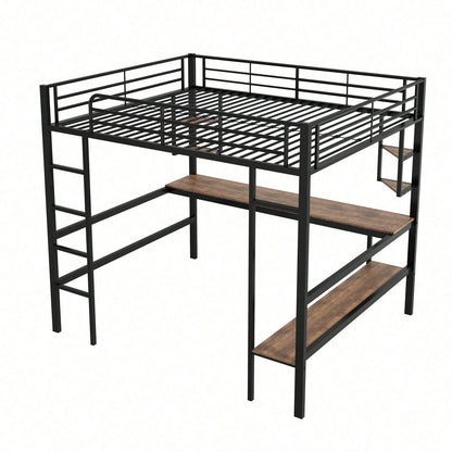 Hochbett, 140x200cm Bettgestell Metallbett, Eisenbett mit Schreibtisch, Ohne Matratze, Hochbett mit vier kleinen Regalen und einem großen Bücherregal für Kinder, Jugendliche und Erwachsene, Weiß