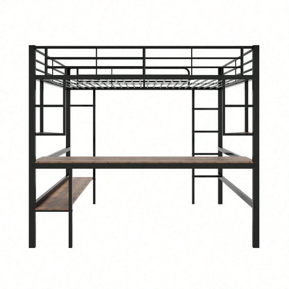 Hochbett, 140x200cm Bettgestell Metallbett, Eisenbett mit Schreibtisch, Ohne Matratze, Hochbett mit vier kleinen Regalen und einem großen Bücherregal für Kinder, Jugendliche und Erwachsene, Weiß