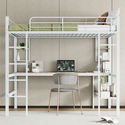 Hochbett, 140x200cm Bettgestell Metallbett, Eisenbett mit Schreibtisch, Ohne Matratze, Hochbett mit vier kleinen Regalen und einem großen Bücherregal für Kinder, Jugendliche und Erwachsene, Weiß