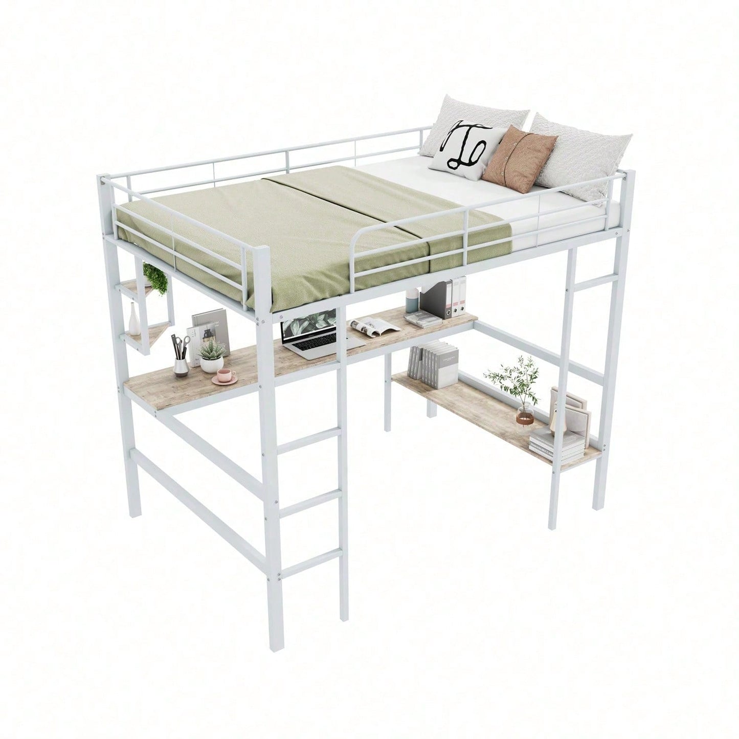 Hochbett, 140x200cm Bettgestell Metallbett, Eisenbett mit Schreibtisch, Ohne Matratze, Hochbett mit vier kleinen Regalen und einem großen Bücherregal für Kinder, Jugendliche und Erwachsene, Weiß