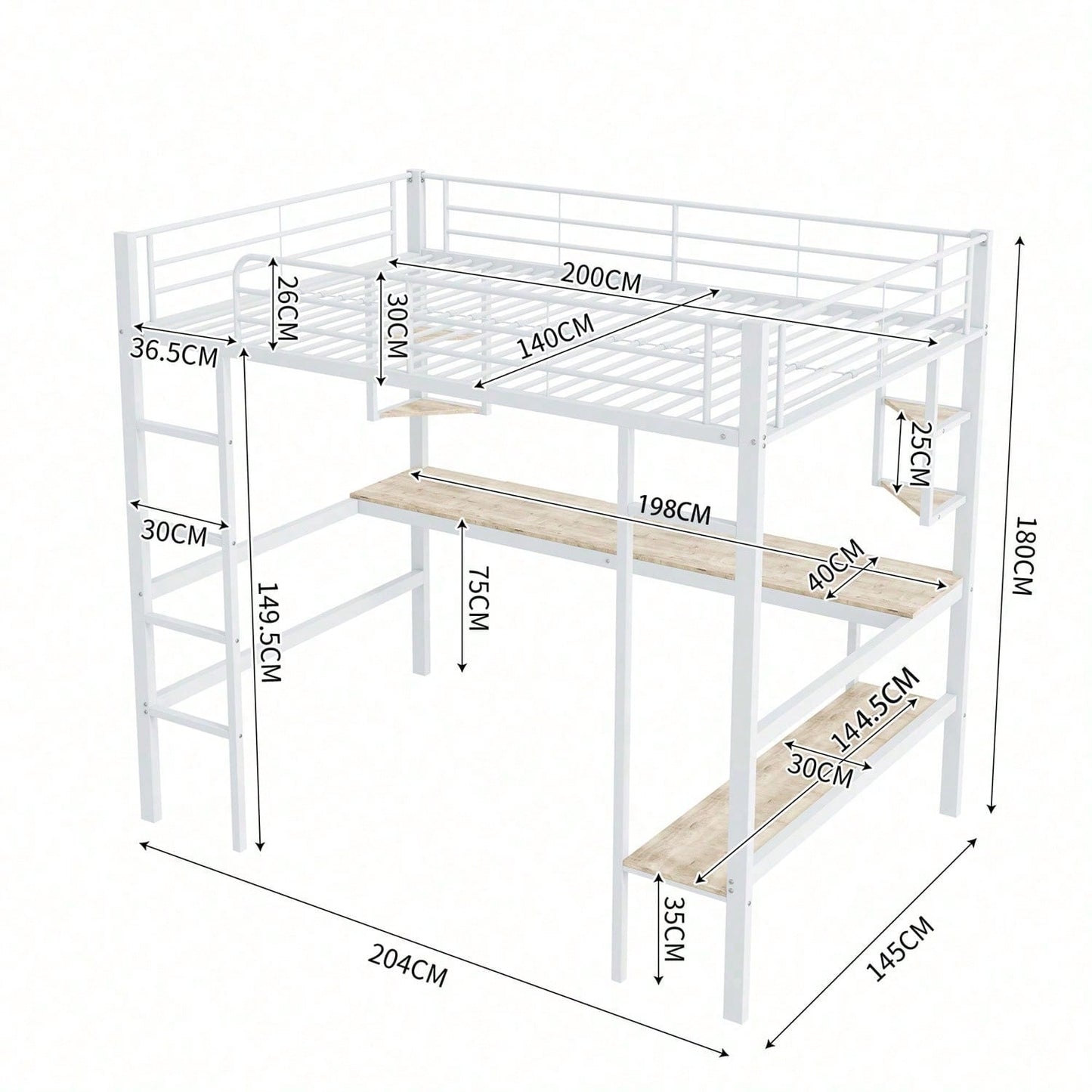 Hochbett, 140x200cm Bettgestell Metallbett, Eisenbett mit Schreibtisch, Ohne Matratze, Hochbett mit vier kleinen Regalen und einem großen Bücherregal für Kinder, Jugendliche und Erwachsene, Weiß