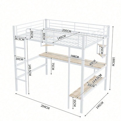 Hochbett, 140x200cm Bettgestell Metallbett, Eisenbett mit Schreibtisch, Ohne Matratze, Hochbett mit vier kleinen Regalen und einem großen Bücherregal für Kinder, Jugendliche und Erwachsene, Weiß