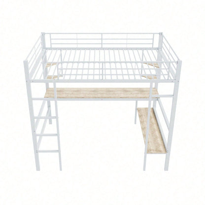 Hochbett, 140x200cm Bettgestell Metallbett, Eisenbett mit Schreibtisch, Ohne Matratze, Hochbett mit vier kleinen Regalen und einem großen Bücherregal für Kinder, Jugendliche und Erwachsene, Weiß