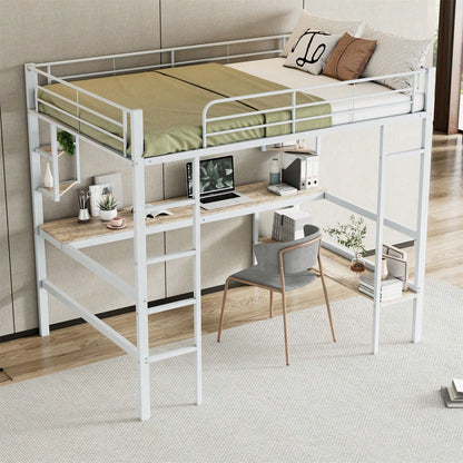 Hochbett, 140x200cm Bettgestell Metallbett, Eisenbett mit Schreibtisch, Ohne Matratze, Hochbett mit vier kleinen Regalen und einem großen Bücherregal für Kinder, Jugendliche und Erwachsene, Weiß