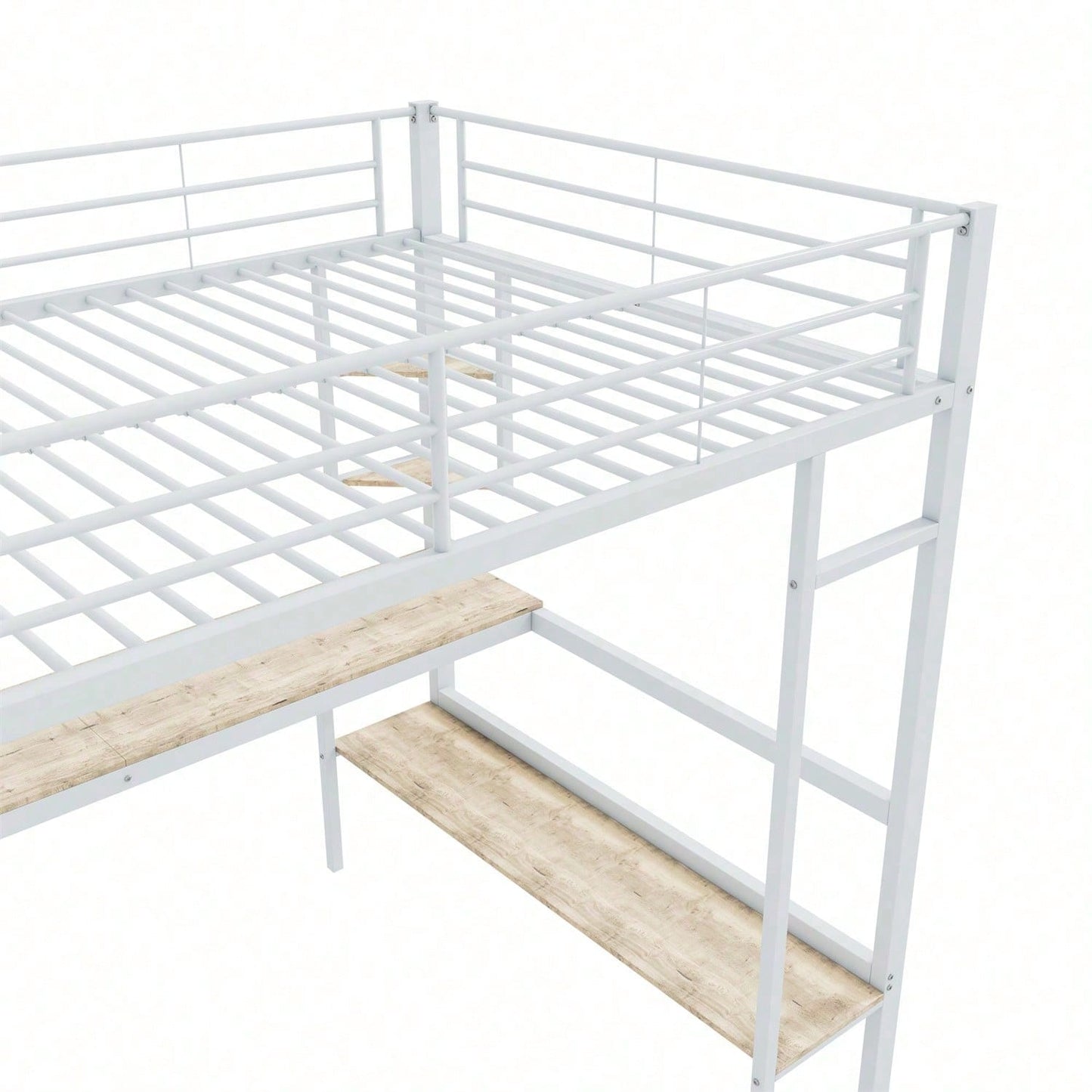 Hochbett, 140x200cm Bettgestell Metallbett, Eisenbett mit Schreibtisch, Ohne Matratze, Hochbett mit vier kleinen Regalen und einem großen Bücherregal für Kinder, Jugendliche und Erwachsene, Weiß