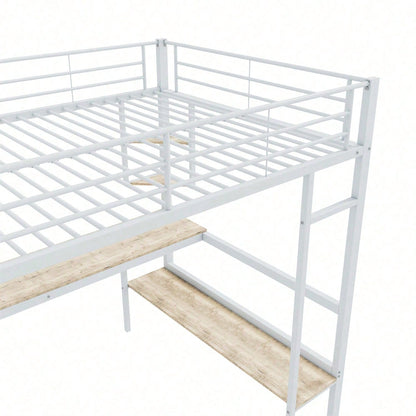 Hochbett, 140x200cm Bettgestell Metallbett, Eisenbett mit Schreibtisch, Ohne Matratze, Hochbett mit vier kleinen Regalen und einem großen Bücherregal für Kinder, Jugendliche und Erwachsene, Weiß