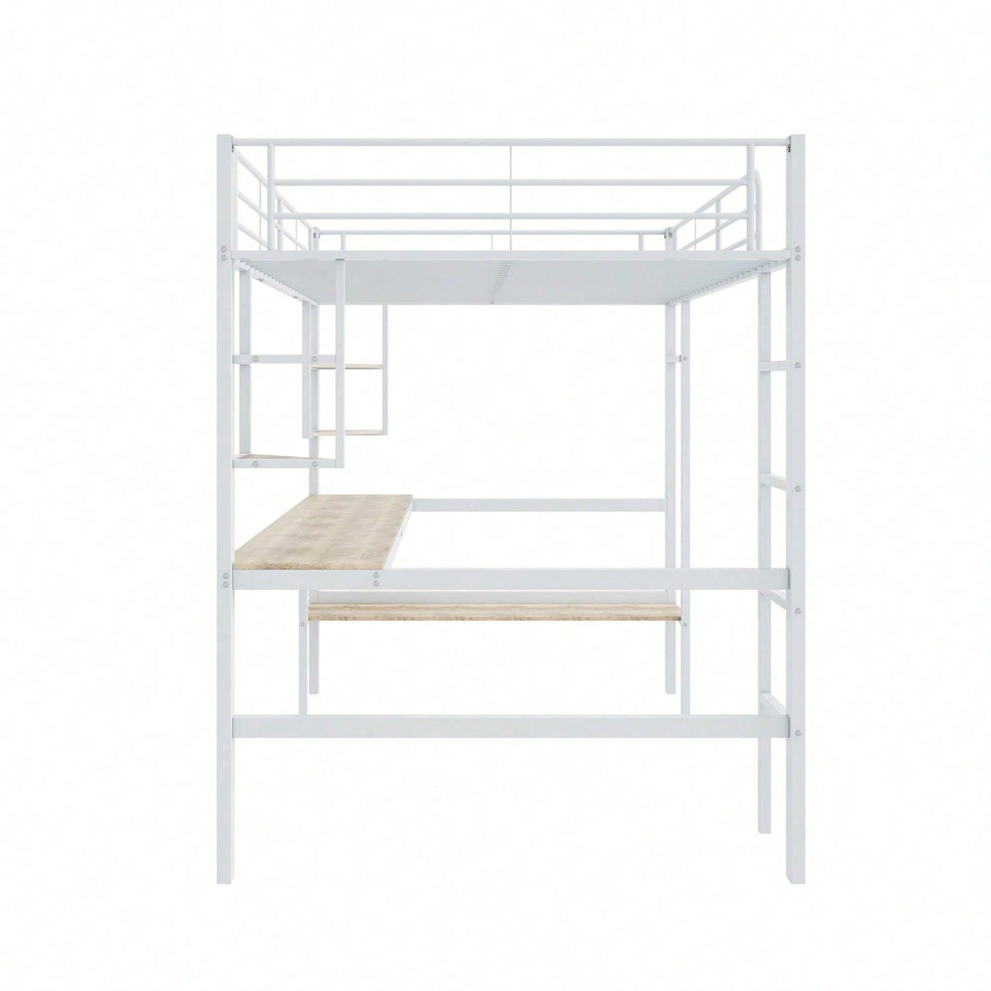 Hochbett, 140x200cm Bettgestell Metallbett, Eisenbett mit Schreibtisch, Ohne Matratze, Hochbett mit vier kleinen Regalen und einem großen Bücherregal für Kinder, Jugendliche und Erwachsene, Weiß
