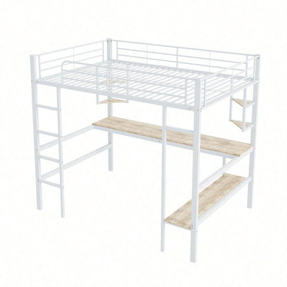Hochbett, 140x200cm Bettgestell Metallbett, Eisenbett mit Schreibtisch, Ohne Matratze, Hochbett mit vier kleinen Regalen und einem großen Bücherregal für Kinder, Jugendliche und Erwachsene, Weiß