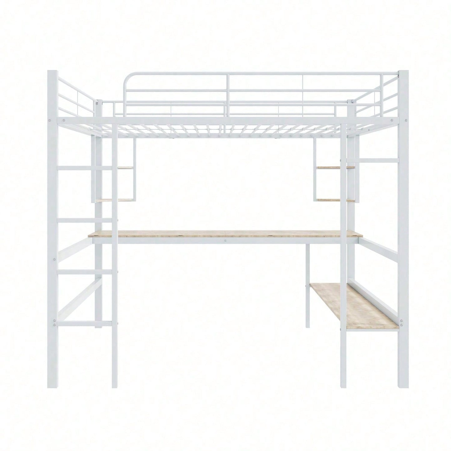 Hochbett, 140x200cm Bettgestell Metallbett, Eisenbett mit Schreibtisch, Ohne Matratze, Hochbett mit vier kleinen Regalen und einem großen Bücherregal für Kinder, Jugendliche und Erwachsene, Weiß