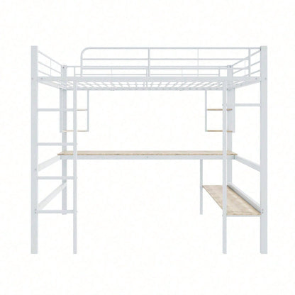 Hochbett, 140x200cm Bettgestell Metallbett, Eisenbett mit Schreibtisch, Ohne Matratze, Hochbett mit vier kleinen Regalen und einem großen Bücherregal für Kinder, Jugendliche und Erwachsene, Weiß