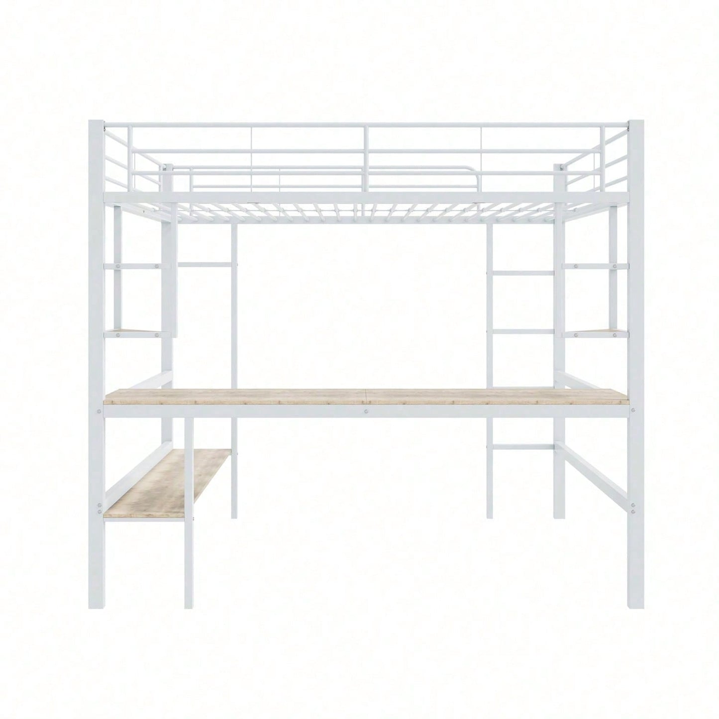 Hochbett, 140x200cm Bettgestell Metallbett, Eisenbett mit Schreibtisch, Ohne Matratze, Hochbett mit vier kleinen Regalen und einem großen Bücherregal für Kinder, Jugendliche und Erwachsene, Weiß