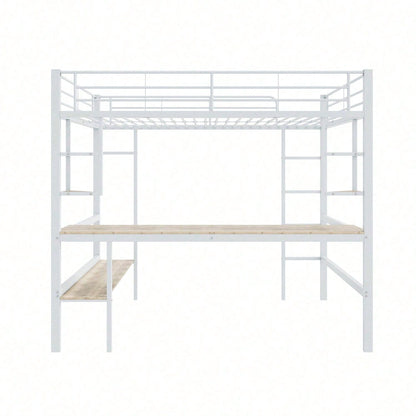 Hochbett, 140x200cm Bettgestell Metallbett, Eisenbett mit Schreibtisch, Ohne Matratze, Hochbett mit vier kleinen Regalen und einem großen Bücherregal für Kinder, Jugendliche und Erwachsene, Weiß