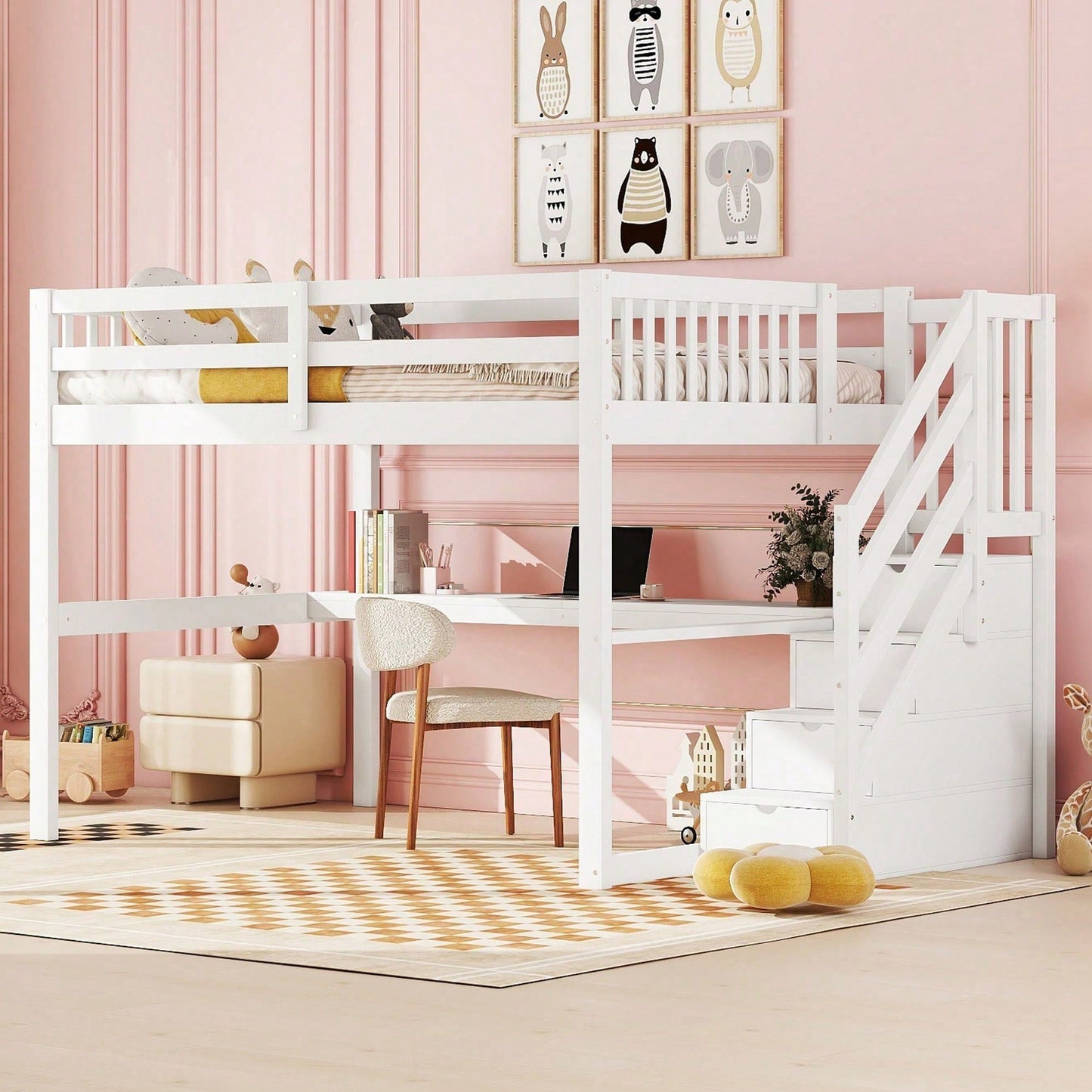 Hochbett ,140x 200 ,Kinderhochbett, mit Stauraumschubladen und Unterbettschreibtisch, Weiß