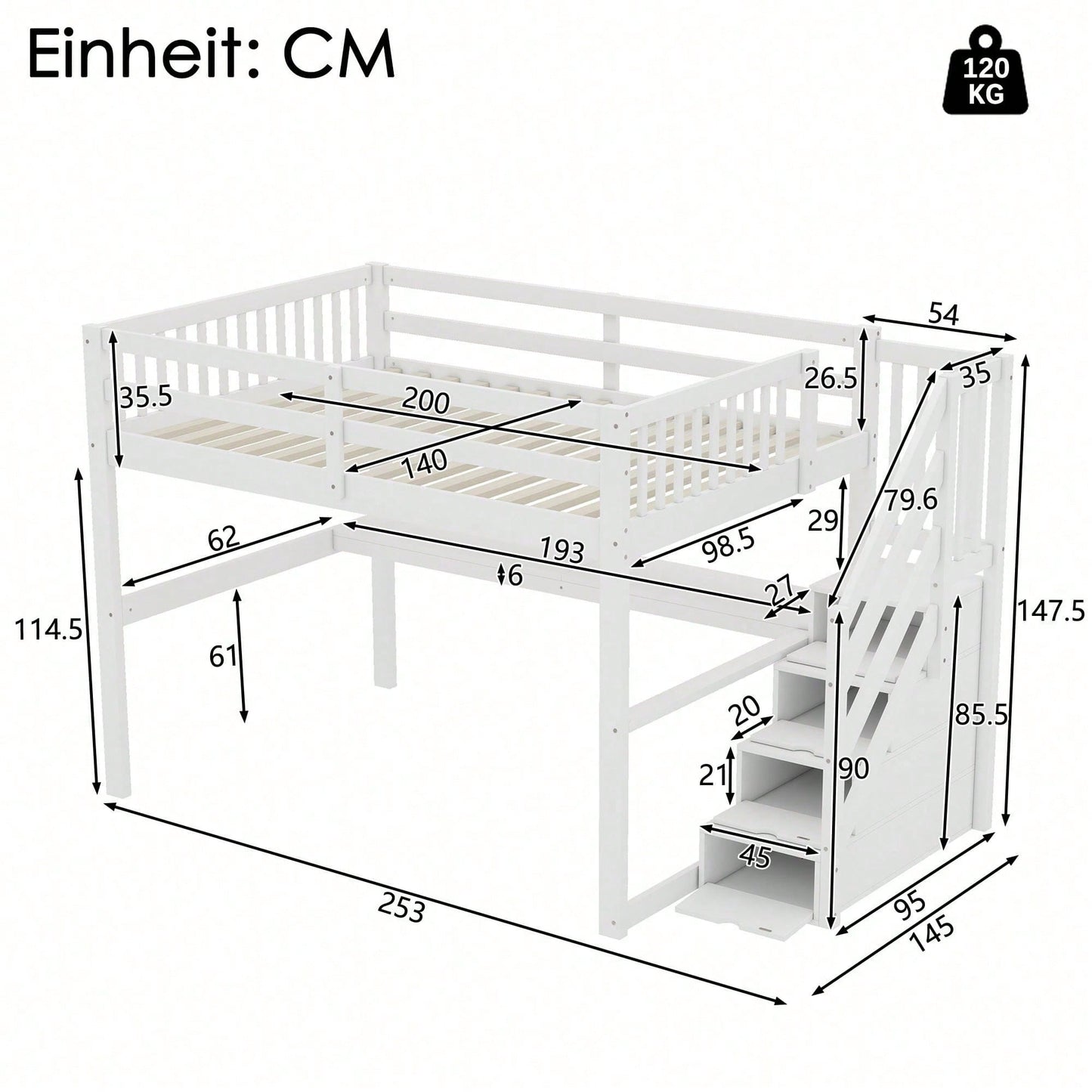 Hochbett ,140x 200 ,Kinderhochbett, mit Stauraumschubladen und Unterbettschreibtisch, Weiß