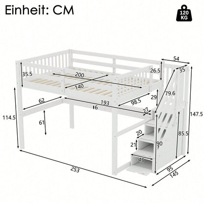 Hochbett ,140x 200 ,Kinderhochbett, mit Stauraumschubladen und Unterbettschreibtisch, Weiß