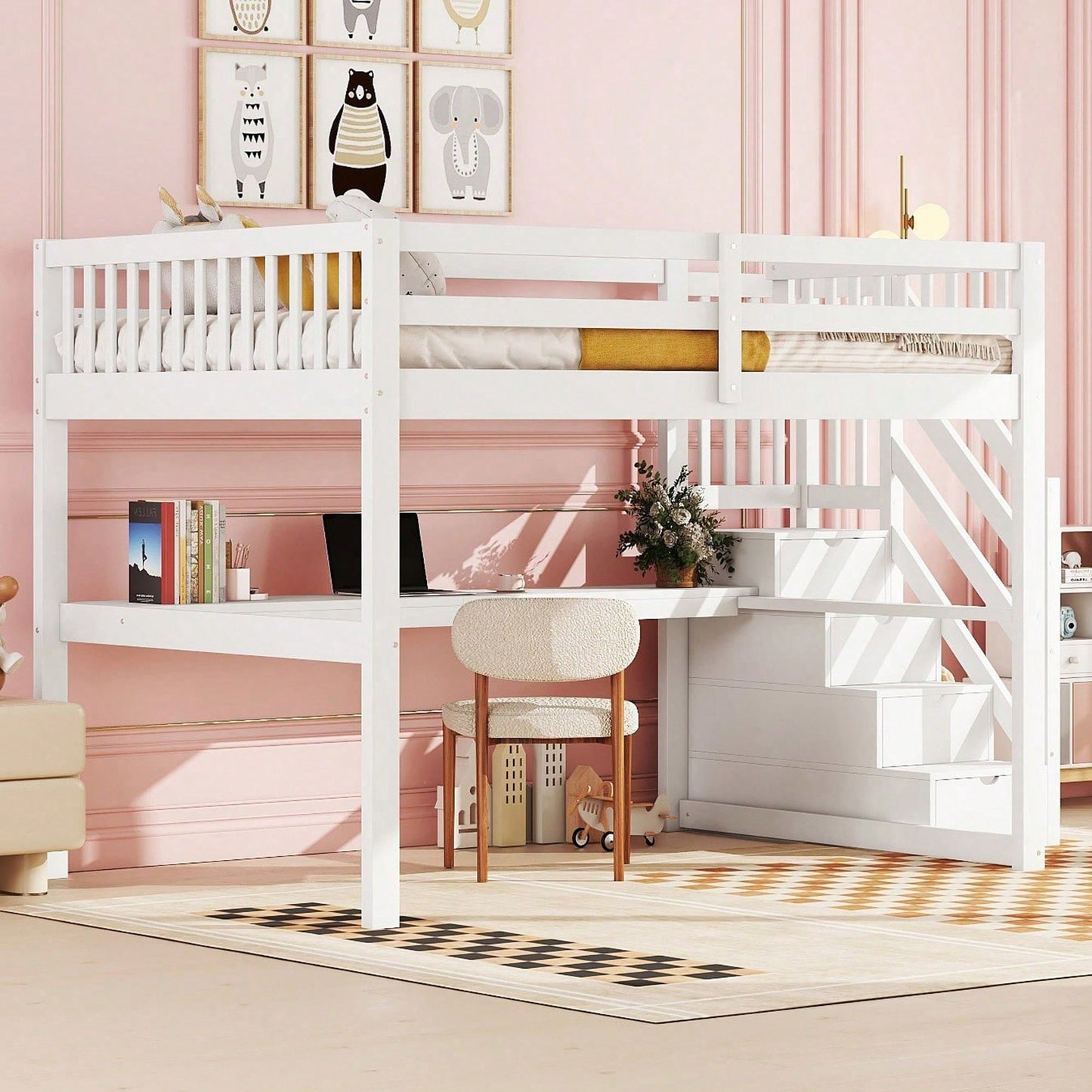 Hochbett ,140x 200 ,Kinderhochbett, mit Stauraumschubladen und Unterbettschreibtisch, Weiß