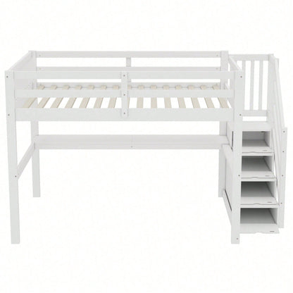 Hochbett ,140x 200 ,Kinderhochbett, mit Stauraumschubladen und Unterbettschreibtisch, Weiß