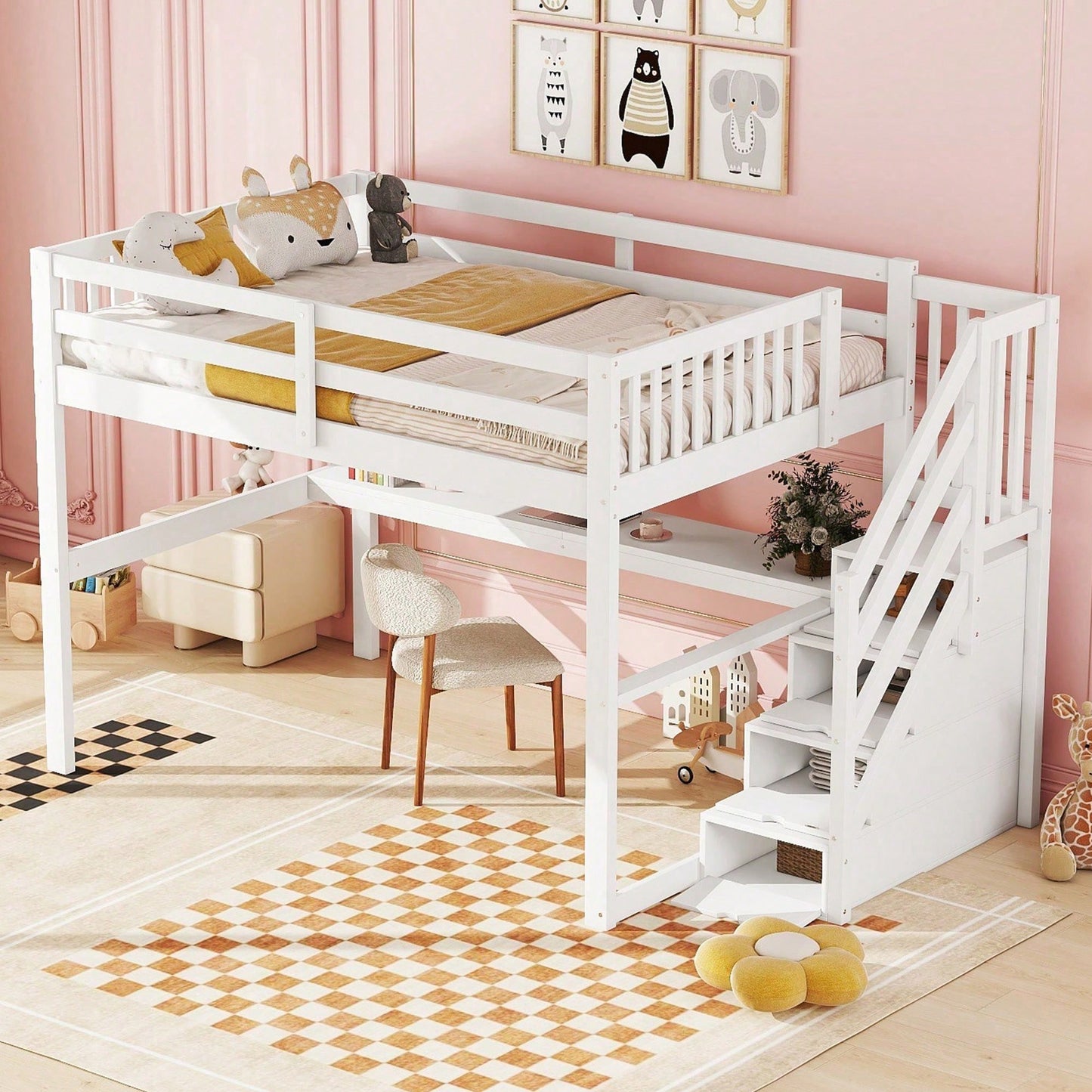 Hochbett ,140x 200 ,Kinderhochbett, mit Stauraumschubladen und Unterbettschreibtisch, Weiß