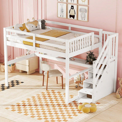 Hochbett ,140x 200 ,Kinderhochbett, mit Stauraumschubladen und Unterbettschreibtisch, Weiß