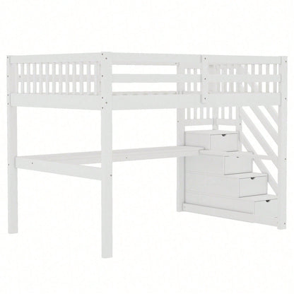 Hochbett ,140x 200 ,Kinderhochbett, mit Stauraumschubladen und Unterbettschreibtisch, Weiß