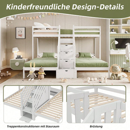 Hochbett, 90 x 200cm, 3 Betten, Kiefernholz, verstaubare Leiter mit Schubladen, Geländer, EN 747 zertifiziert, ohne Matratze, weiß