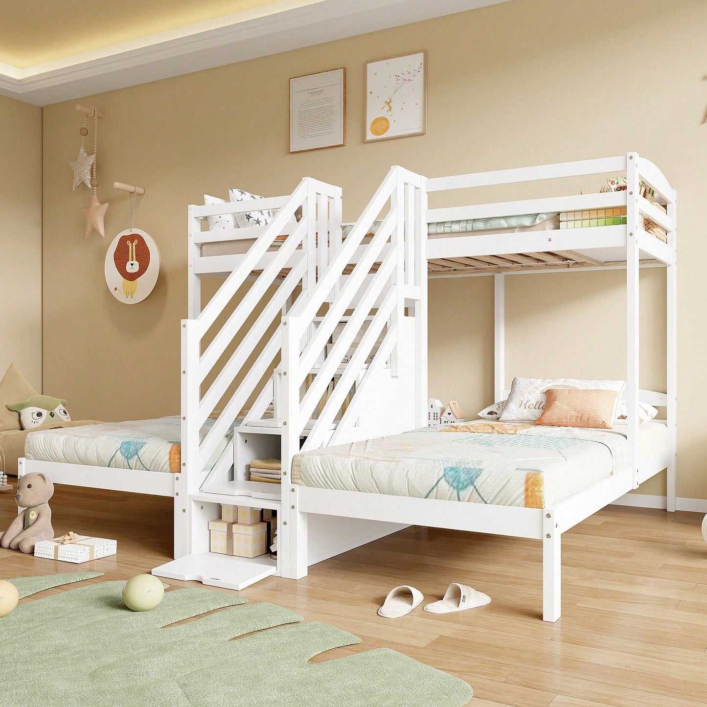 Hochbett, 90 x 200cm, 3 Betten, Kiefernholz, verstaubare Leiter mit Schubladen, Geländer, EN 747 zertifiziert, ohne Matratze, weiß