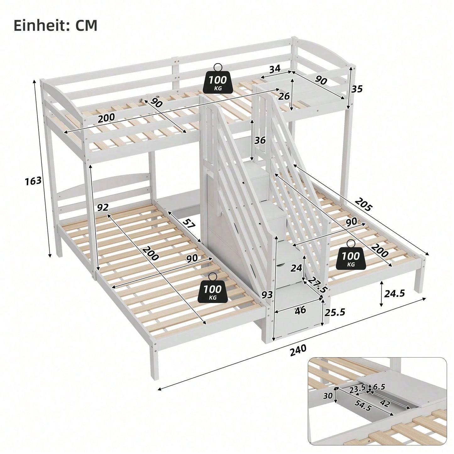 Hochbett, 90 x 200cm, 3 Betten, Kiefernholz, verstaubare Leiter mit Schubladen, Geländer, EN 747 zertifiziert, ohne Matratze, weiß