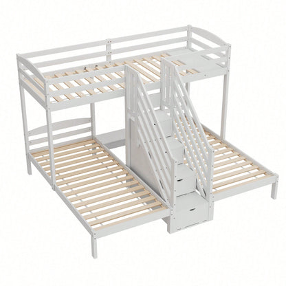 Hochbett, 90 x 200cm, 3 Betten, Kiefernholz, verstaubare Leiter mit Schubladen, Geländer, EN 747 zertifiziert, ohne Matratze, weiß