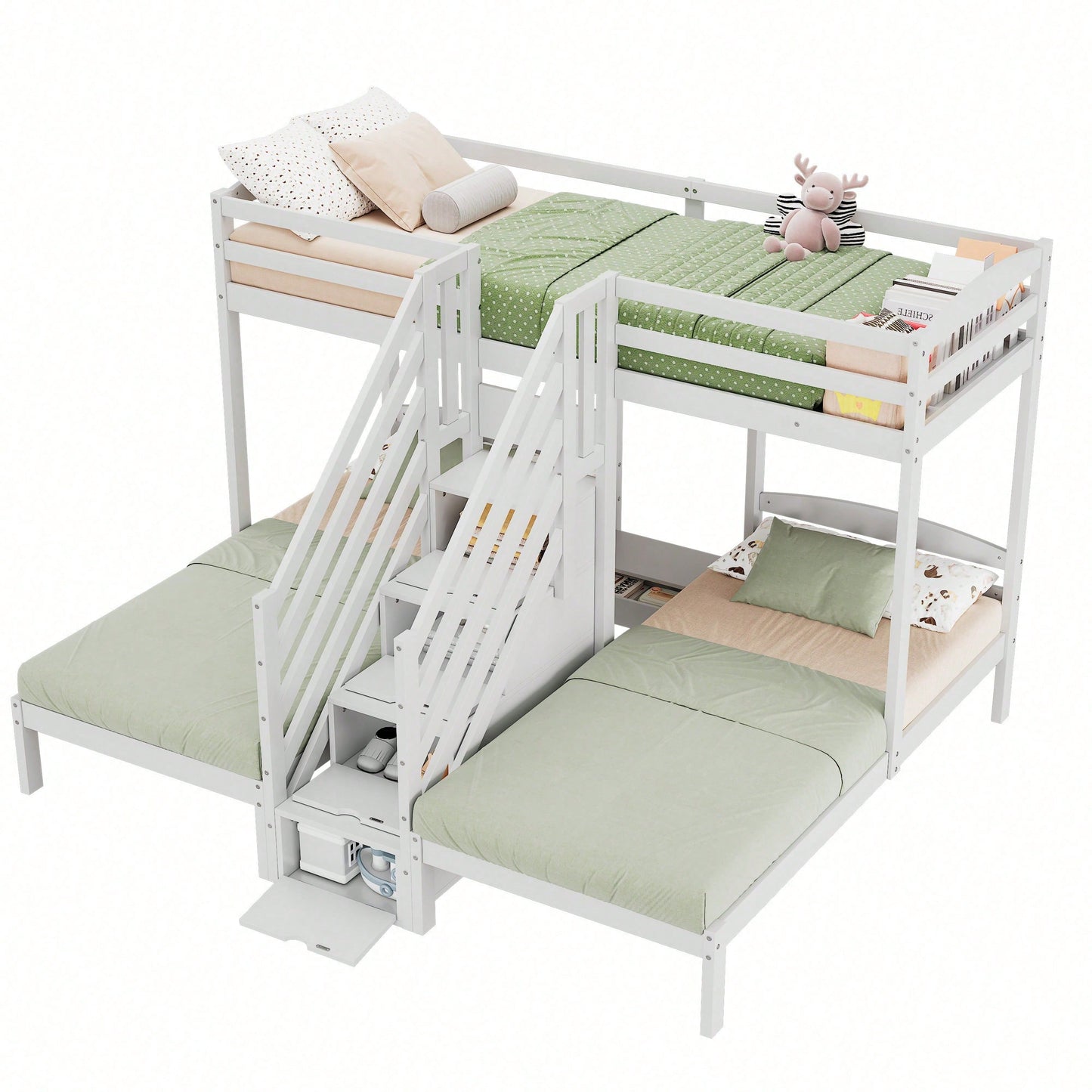 Hochbett, 90 x 200cm, 3 Betten, Kiefernholz, verstaubare Leiter mit Schubladen, Geländer, EN 747 zertifiziert, ohne Matratze, weiß