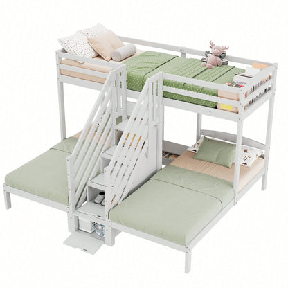 Hochbett, 90 x 200cm, 3 Betten, Kiefernholz, verstaubare Leiter mit Schubladen, Geländer, EN 747 zertifiziert, ohne Matratze, weiß