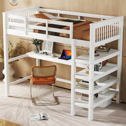 Hochbett, 90 x 200 ,Kinderhochbett mit Ablagefächern und Unterbettschreibtisch,Ohne Matratze, Weiß