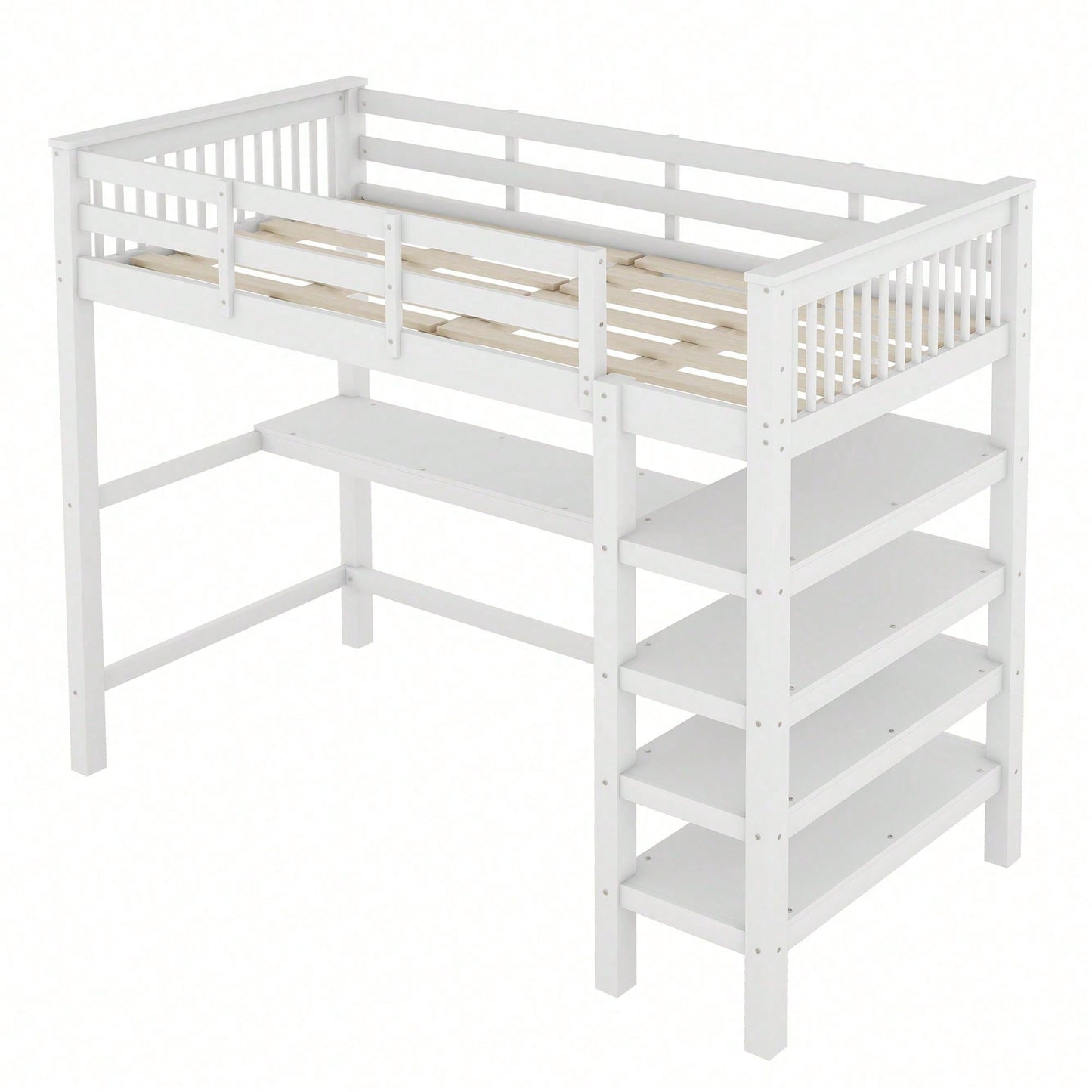 Hochbett, 90 x 200 ,Kinderhochbett mit Ablagefächern und Unterbettschreibtisch,Ohne Matratze, Weiß