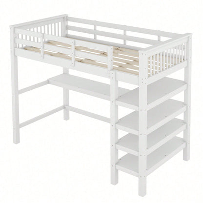 Hochbett, 90 x 200 ,Kinderhochbett mit Ablagefächern und Unterbettschreibtisch,Ohne Matratze, Weiß