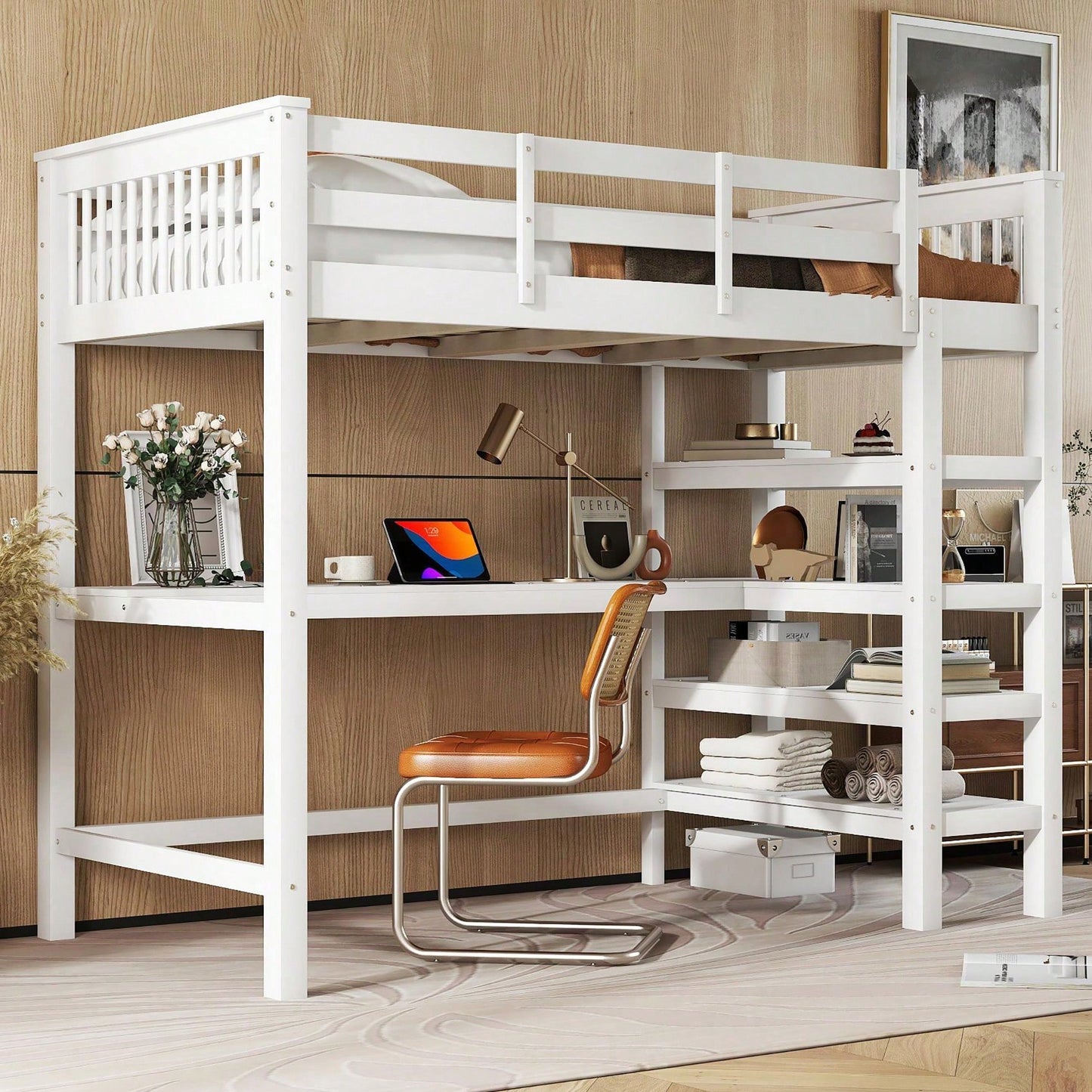 Hochbett, 90 x 200 ,Kinderhochbett mit Ablagefächern und Unterbettschreibtisch,Ohne Matratze, Weiß