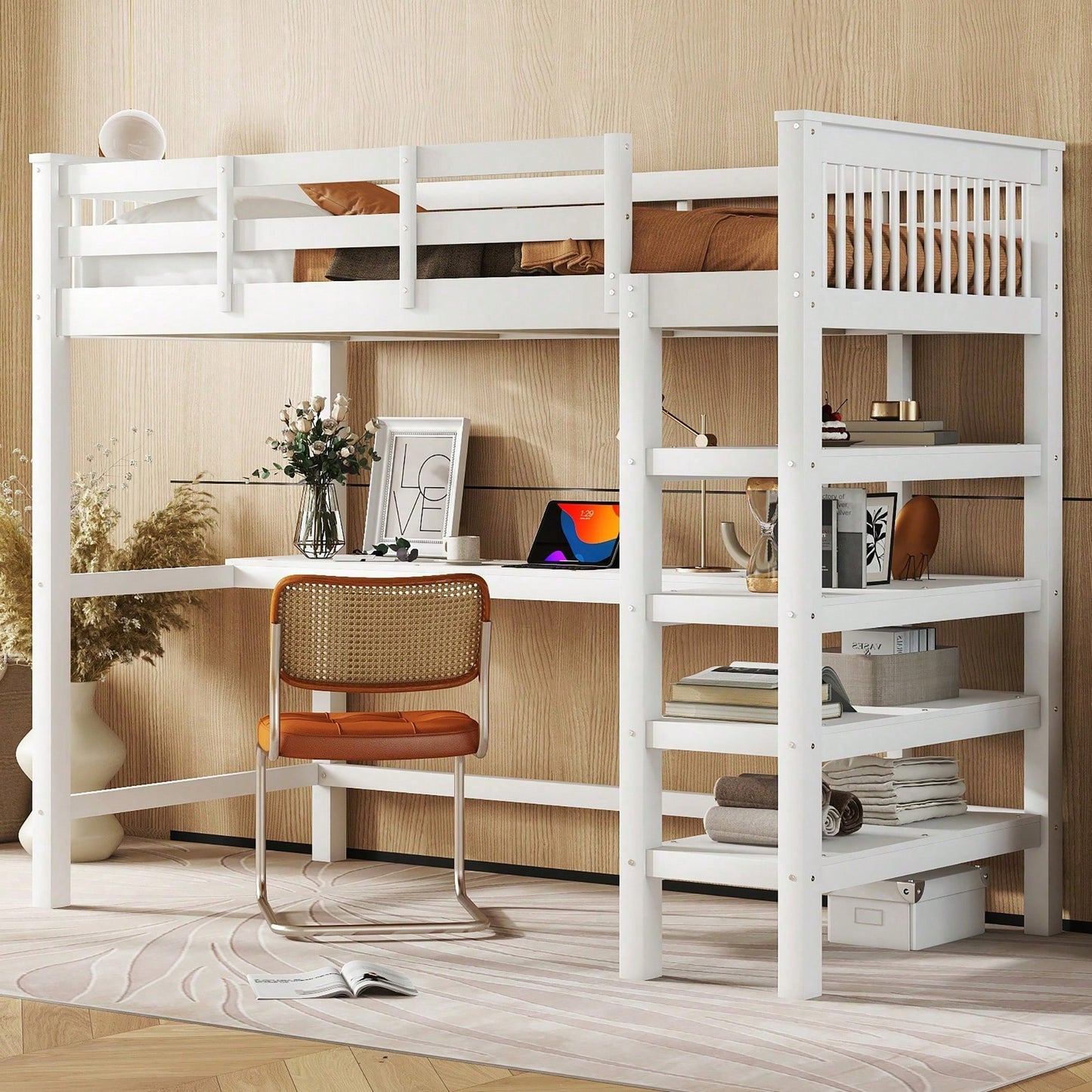 Hochbett, 90 x 200 ,Kinderhochbett mit Ablagefächern und Unterbettschreibtisch,Ohne Matratze, Weiß