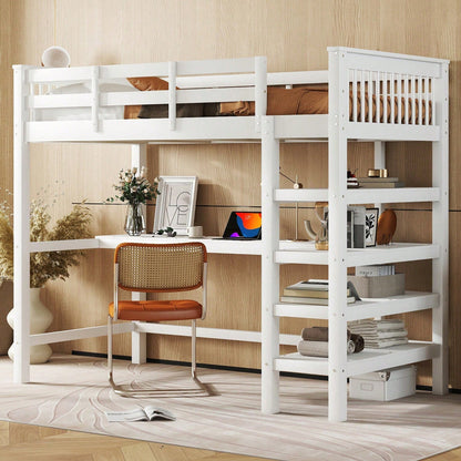 Hochbett, 90 x 200 ,Kinderhochbett mit Ablagefächern und Unterbettschreibtisch,Ohne Matratze, Weiß