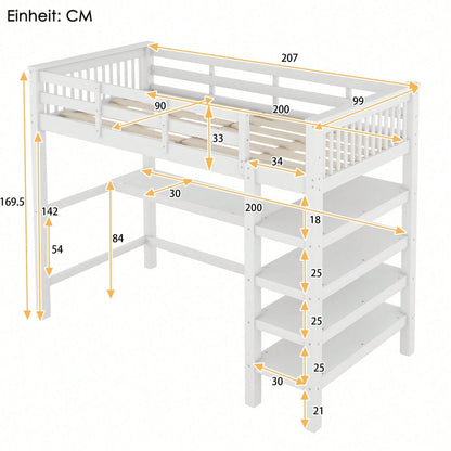 Hochbett, 90 x 200 ,Kinderhochbett mit Ablagefächern und Unterbettschreibtisch,Ohne Matratze, Weiß