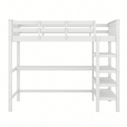 Hochbett, 90 x 200 ,Kinderhochbett mit Ablagefächern und Unterbettschreibtisch,Ohne Matratze, Weiß