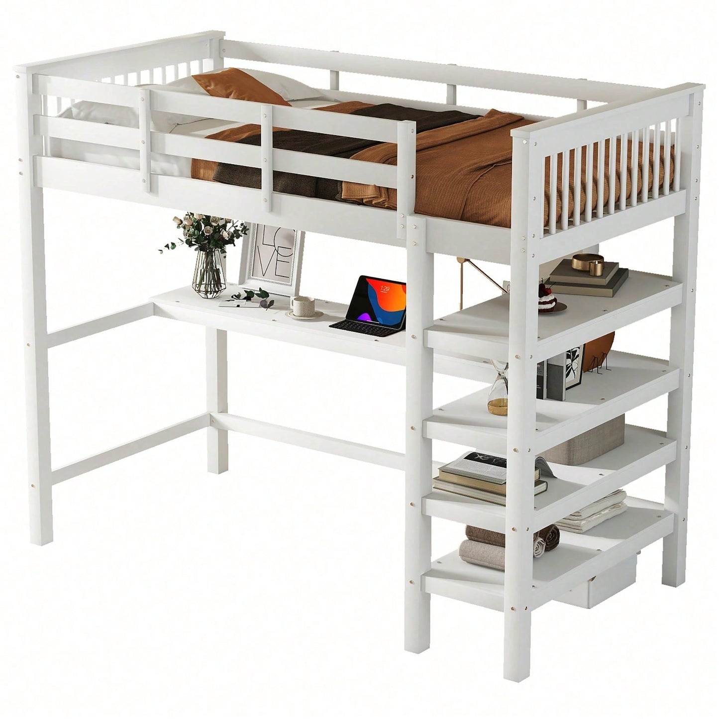 Hochbett, 90 x 200 ,Kinderhochbett mit Ablagefächern und Unterbettschreibtisch,Ohne Matratze, Weiß