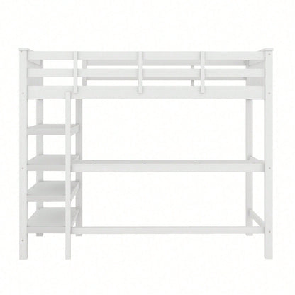 Hochbett, 90 x 200 ,Kinderhochbett mit Ablagefächern und Unterbettschreibtisch,Ohne Matratze, Weiß
