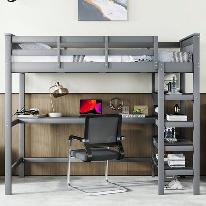 Hochbett, 90 x 200 ,Kinderhochbett mit Ablagefächern und Unterbettschreibtisch,Ohne Matratze, Weiß