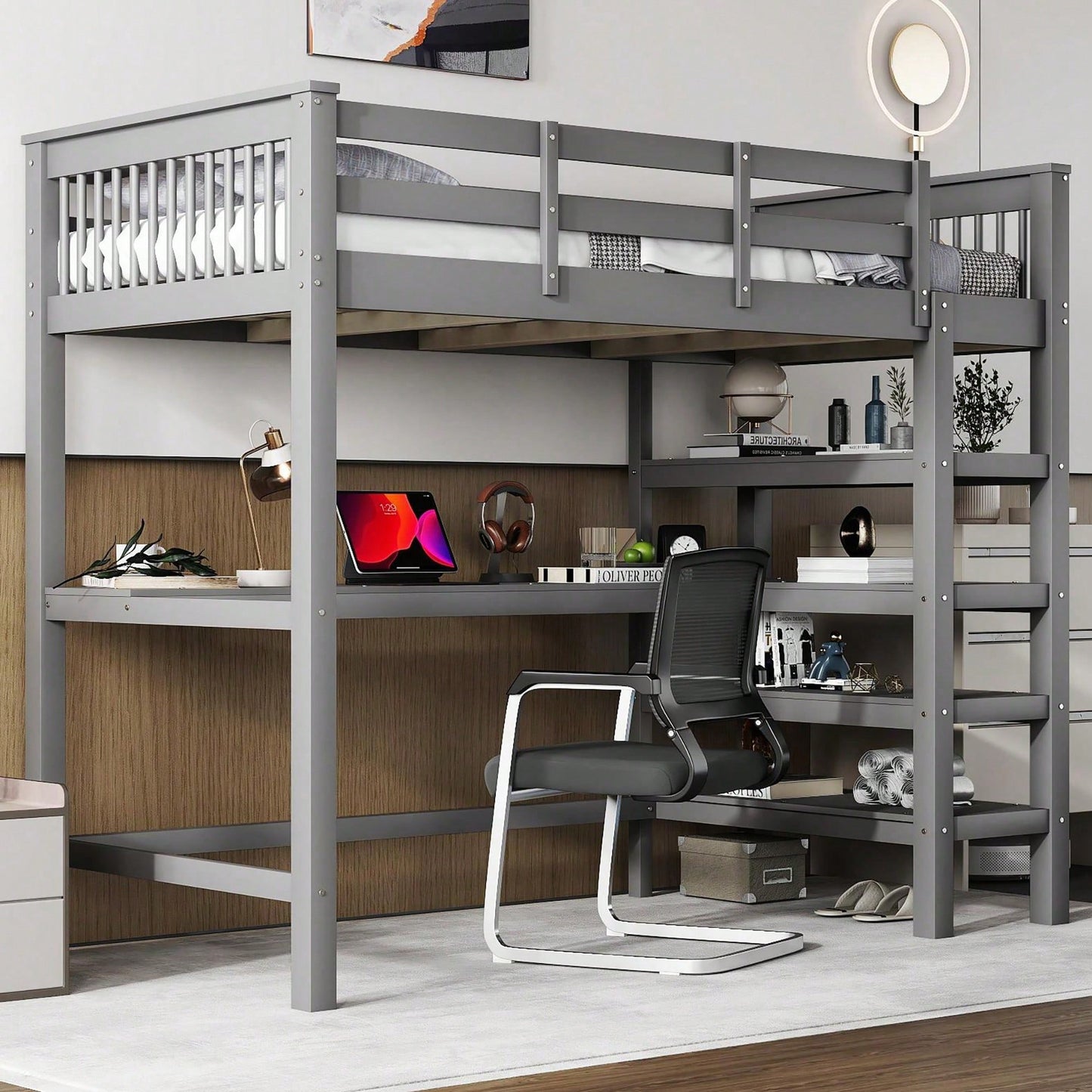 Hochbett, 90 x 200 ,Kinderhochbett mit Ablagefächern und Unterbettschreibtisch,Ohne Matratze, Weiß