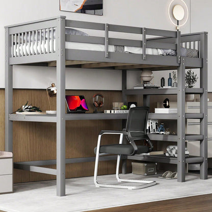 Hochbett, 90 x 200 ,Kinderhochbett mit Ablagefächern und Unterbettschreibtisch,Ohne Matratze, Weiß