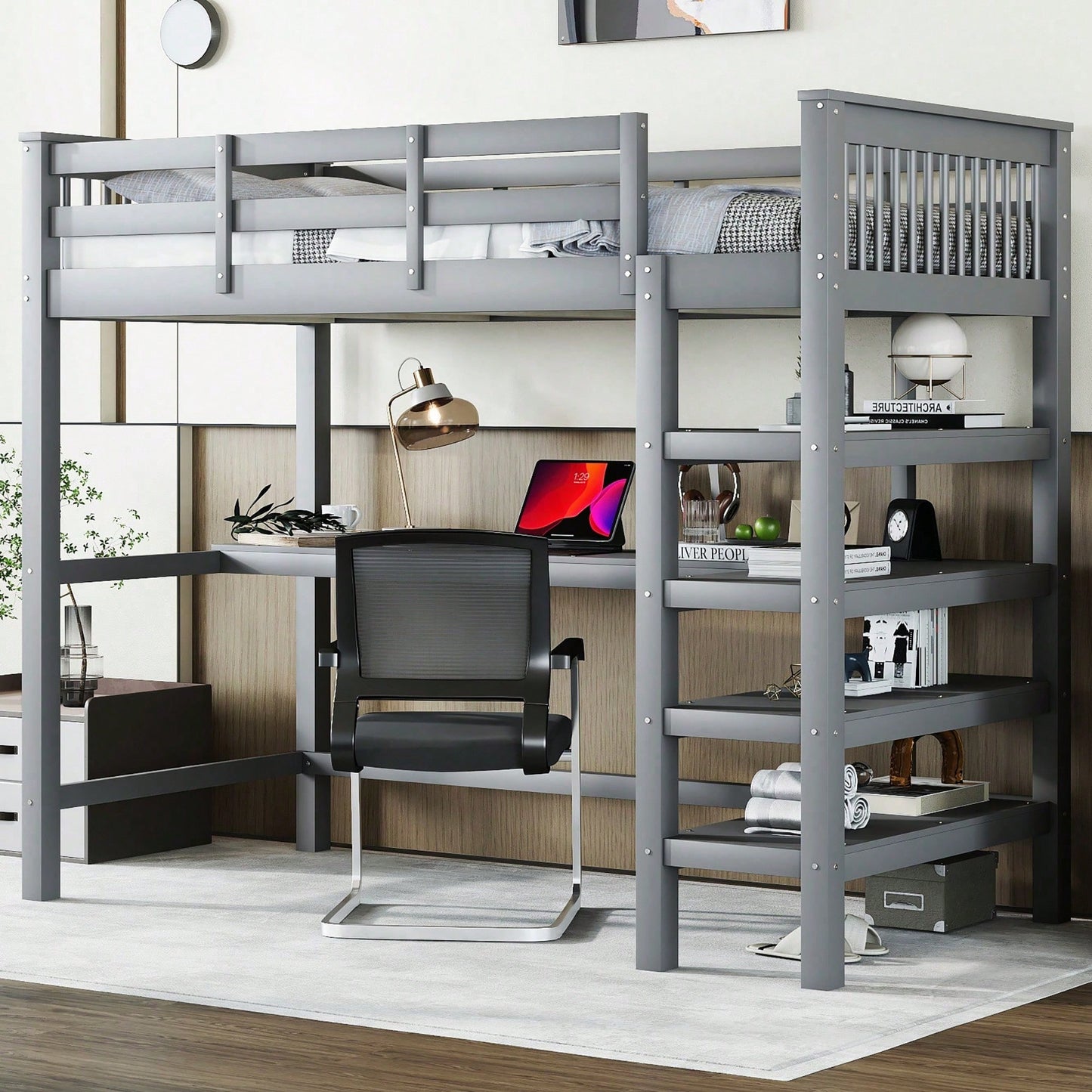 Hochbett, 90 x 200 ,Kinderhochbett mit Ablagefächern und Unterbettschreibtisch,Ohne Matratze, Weiß